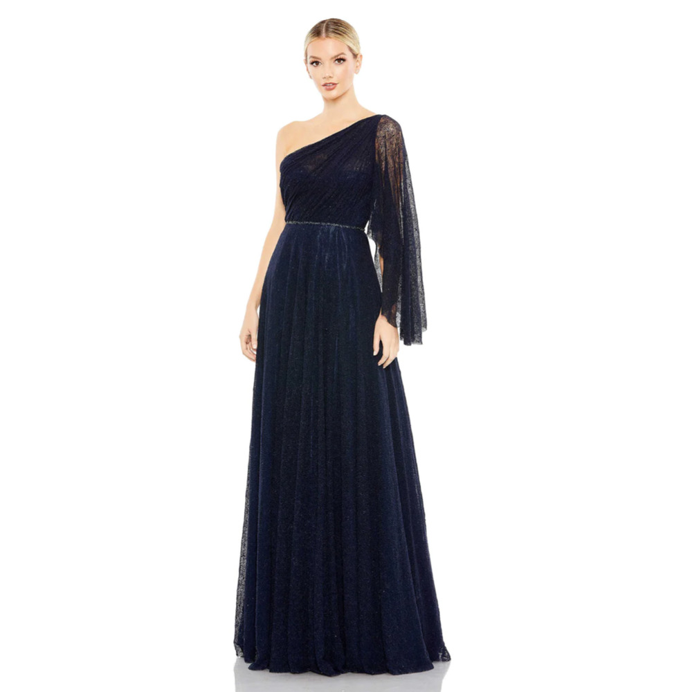 Mac Duggal Embellished‎ One-Shoulder Draped Gown Navy Size 6